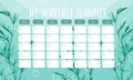 Marine life monthly planner/schedule with seaweeds. Vector stationary template